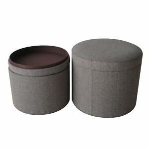 Round Storage Ottoman With Textured Fabric Upholstery, Gray | Ebay With Regard To Textured Green Round Pouf Ottomans (View 12 of 20)