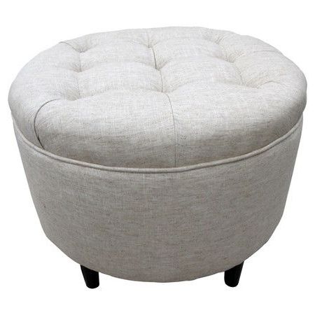 Round+ottoman+with+tufted+linen Texture+upholstery+and+welted+seams In Textured Yellow Round Pouf Ottomans (View 1 of 20)