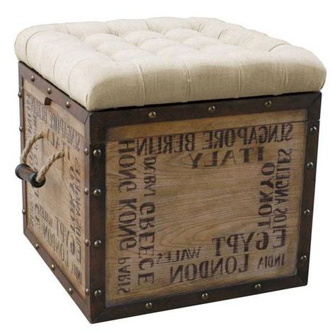 Rustic Beige Wood Polyester Foam Ottoman | Upholstered Ottoman, Storage Throughout Weathered Wood Ottomans (View 3 of 20)