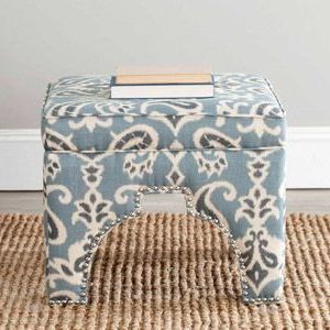 Safavieh Grant Solid Wood Linen/cotton Upholstered Ottoman, Blue/grey Pertaining To White Solid Cylinder Pouf Ottomans (View 12 of 20)