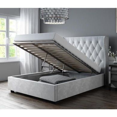 Safina Buttoned Wingback Double Ottoman Bed In Grey Velvet | Ottoman With Gray Velvet Ottomans With Ample Storage (Gallery 19 of 20)