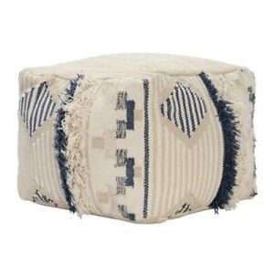 Saltoro Sherpi Fabric Pouf Ottoman With Woven Design And Fringe Details Regarding Cream Wool Felted Pouf Ottomans (View 12 of 20)