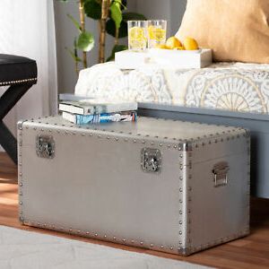 Serge Vintage Inspired Industrial Silver Riveted Metal Trunk 29 Inside Chrome Metal Ottomans (Gallery 19 of 20)