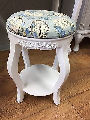 Shabby Chic White Round Stool For Dressing Table Blue Cushioned Vintage Within White Antique Brass Stools (View 18 of 20)