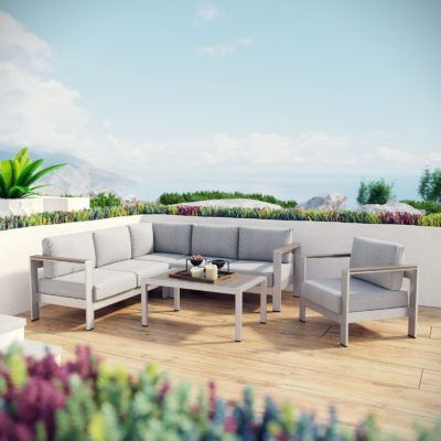 Shore 5 Piece Outdoor Patio Aluminum Sectional Sofa Set In Silver Gray Within 5 Piece Console Tables (View 3 of 20)