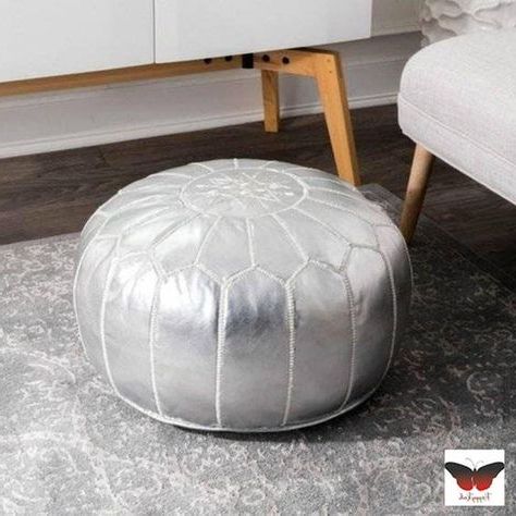 Silver Round Ottoman, Pouf, Moroccan Ottomans, Moroccan Poufs, Bohemian Inside Weathered Silver Leather Hide Pouf Ottomans (View 2 of 20)