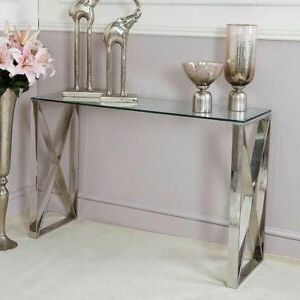 Silver Stainless Steel Console Table Clear Glass Hall Display Modern Throughout White Gloss And Maple Cream Console Tables (View 16 of 20)