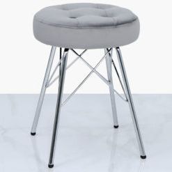 Silver Velvet Tufted Stool Footstool With Chrome Legs | Picture Perfect Throughout Ivory Button Tufted Vanity Stools (View 17 of 20)