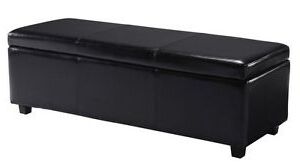 Simpli Home Avalon 48" Wide Black Faux Leather Rectangular Storage For Gold Faux Leather Ottomans With Pull Tab (View 13 of 20)