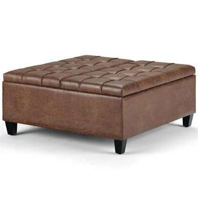 Simpli Home Harrison Faux Leather Coffee Table Ottoman In Brown | Ebay Within Espresso Leather And Tan Canvas Pouf Ottomans (View 1 of 20)