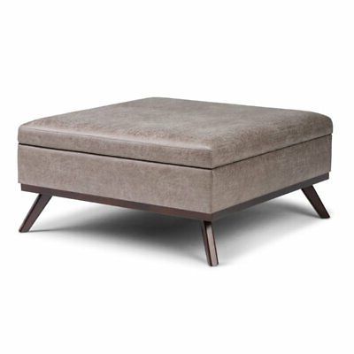 Simpli Home Owen Faux Air Leather Square Coffee Table Ottoman In Gray With Regard To Espresso Leather And Tan Canvas Pouf Ottomans (View 9 of 20)