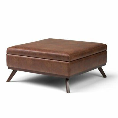 Simpli Home Owen Faux Air Leather Square Coffee Table Ottoman In Saddle With Regard To Brown Leather Hide Round Ottomans (View 9 of 20)