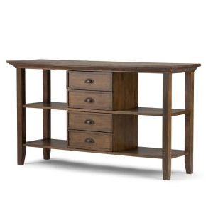 Simpli Home Redmond Rustic Natural Aged Brown Storage Console Table Inside Open Storage Console Tables (View 7 of 20)
