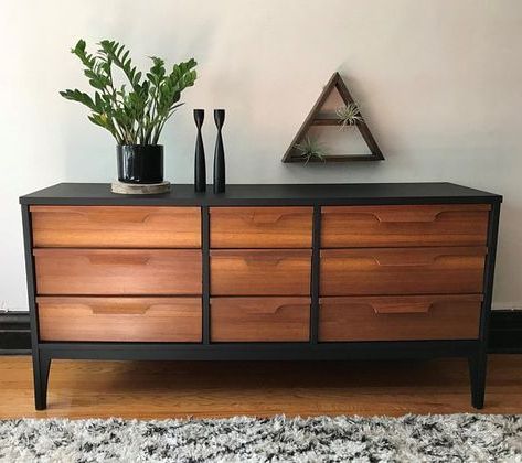 Sold** Matte Black And Wood Mid Century Modern Dresser//refinished Mcm Inside Matte Black Console Tables (View 12 of 20)