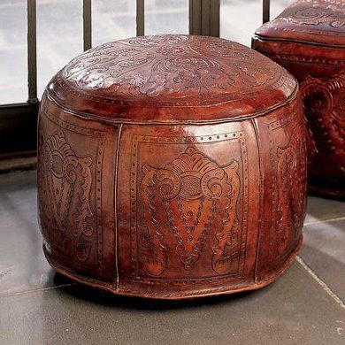 Spanish Colonial Ottoman #tooled #leather #pouf #hacienda #livingroom # Within Weathered Ivory Leather Hide Pouf Ottomans (View 15 of 20)