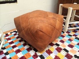 Square Leather Moroccan Pouf Ottoman Natural Brown Leather Ottoman Intended For Natural Fabric Square Ottomans (View 10 of 20)