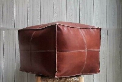 Square Moroccan Dark Brown Genuine Leather Boho Pouf Ottoman Footstool Inside Black White Leather Pouf Ottomans (View 14 of 20)