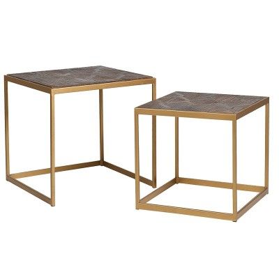 Square Nesting Side Tables With Brushed Elm Table Tops And Copper Frames Pertaining To Square Console Tables (View 3 of 20)