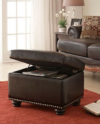 Storage Ottoman Faux Leather Brown Solid Wood Legs Extra Padded Hinged For Silver Faux Leather Ottomans With Pull Tab (View 14 of 20)