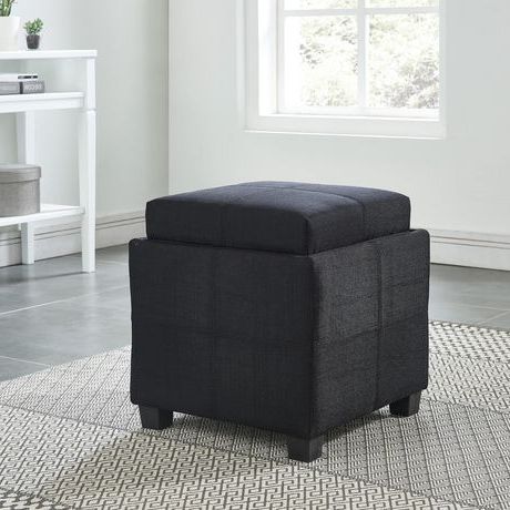 Storage Ottoman With Reversible Tray Lid – Black | Walmart Canada Inside Black And Natural Cotton Pouf Ottomans (View 10 of 20)