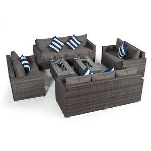 Sydney 10 Seater Rattan Sofa Set + 2 Drinks Cooler Tables Patio Garden Regarding Wicker Console Tables (View 14 of 18)