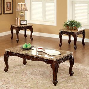 Table Set 3 Piece Accent Coffee End Tables Marble Top Carved Dark Wood For Espresso Wood And Glass Top Console Tables (Gallery 19 of 20)