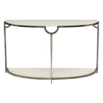 Tan Faux Bois Demilune Console Table Regarding White Marble And Gold Console Tables (View 9 of 20)