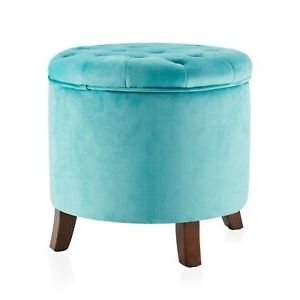 Teal Blue Velvet Round Storage Ottoman Tufted Fabric Contemporary Regarding Teal Velvet Pleated Pouf Ottomans (View 4 of 20)