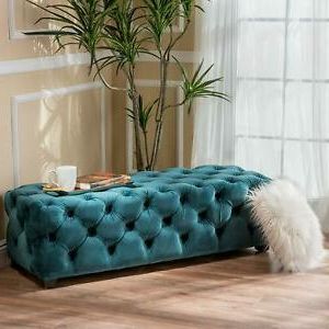 Teal Blue Velvet Tufted Fabric Bench Padded Ottoman Wood Seat Glam Chic Pertaining To Blue Fabric Tufted Surfboard Ottomans (View 2 of 20)