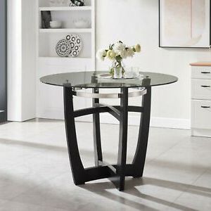 Tempered Glass Top Round 42" Kitchen Dining Table With Solid Wood Base With Regard To Black Round Glass Top Console Tables (View 9 of 20)