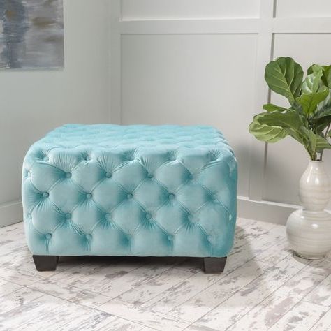 Thaurin Contemporary Button Tufted Light Blue Velvet Square Ottoman Inside Light Blue Cylinder Pouf Ottomans (View 9 of 20)