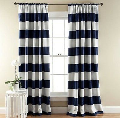 Tommy Hilfiger Navy Cabana Stripe Window Curtain Panel 84" Pair Drape Regarding Navy Blue And White Striped Ottomans (View 1 of 20)
