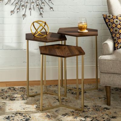Triple Hex Dark Walnut & Gold Nesting Tables | Nesting Tables, Gold Within Antique Gold Nesting Console Tables (View 1 of 20)