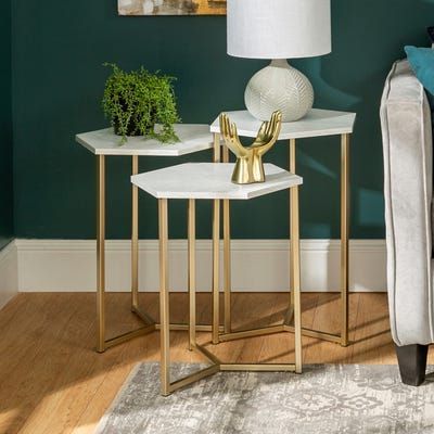 Triple Hex White Faux Marble & Gold Nesting Tables | Gold Living Room With Faux White Marble And Metal Console Tables (View 1 of 20)