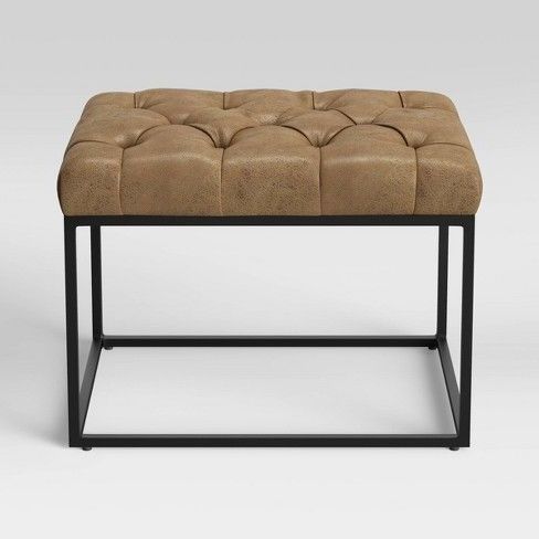 Trubeck Tufted Ottoman Faux Leather With Metal Base Brown – Project 62 Regarding Black Leather And Bronze Steel Tufted Ottomans (View 8 of 20)