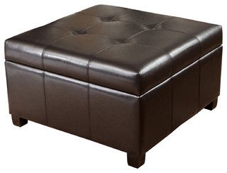 Tufted Espresso Brown Leather Storage Ottoman Coffee Table Pertaining To Brown Leather Hide Round Ottomans (View 10 of 20)