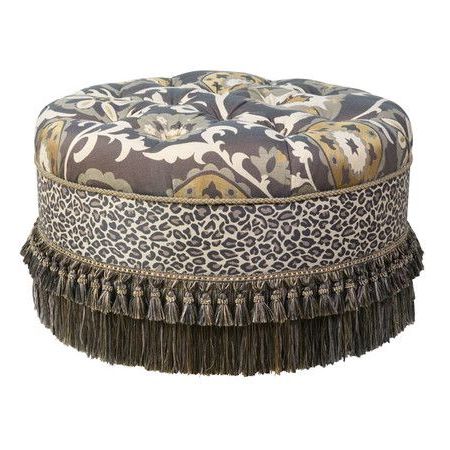 Tufted Ottoman With Medallion And Leopard Print Upholstery And Tassled Pertaining To Brown Leather Round Pouf Ottomans (Gallery 19 of 20)