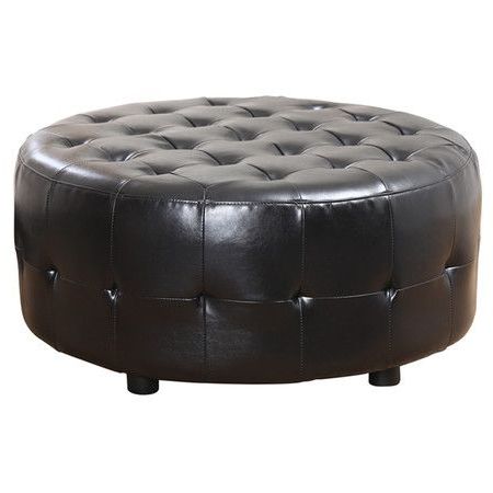 Tufted Round Cocktail Ottoman With Espresso Hued Bonded Leather For Gray Tufted Cocktail Ottomans (View 16 of 20)