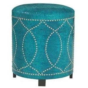 Turquoise Leather With Nickel Nailhead Round Ottoman | Round Ottoman Pertaining To Brown Leather Hide Round Ottomans (Gallery 20 of 20)