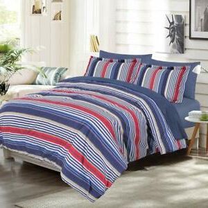 Twin Xl Full Queen Bed Navy Blue Red White Striped 7 Pc Comforter Set With Navy Blue And White Striped Ottomans (View 11 of 20)