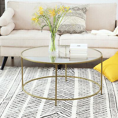 Vasagle Round Glass Coffee Table Sofa Side Living Room Furniture Golden Pertaining To Black Round Glass Top Console Tables (View 14 of 20)