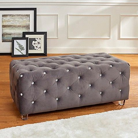 Velvet 42 Inch Bench With Crystal Tufts In Grey | Grey Bedding, Bed Throughout Gray Velvet Brushed Geometric Pattern Ottomans (Gallery 20 of 20)