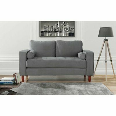 Velvet Fabric Love Seat Sofa With Loose Back Cushions And 2 Bolster In Round Gray And Black Velvet Ottomans Set Of  (View 4 of 20)