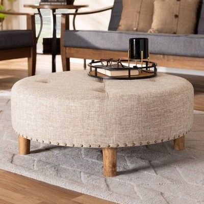 Vinet Natural Wood Cocktail Ottoman Beige – Baxton Studio | Decoración Within Natural Beige And White Cylinder Pouf Ottomans (View 2 of 20)