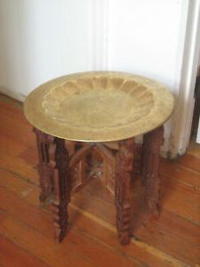 Vintage 60s 70s India Brass Tray Table Ornate Wood Stand | Ebay For Antique Brass Aluminum Round Console Tables (View 7 of 20)