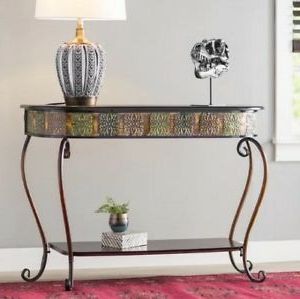 Vintage Metal Entry Console Table Rustic Narrow Scrolled Wood Top Shelf Within Antique White Black Console Tables (View 5 of 20)