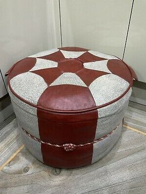 Vintage ,retro Pouffe , Grey & Red Leatherette , Round | Ebay With Round Gold Faux Leather Ottomans With Pull Tab (Gallery 19 of 20)
