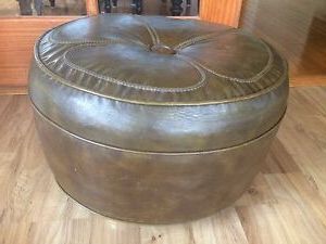 Vintage Round Brown Vinyl Foot Stool Ottoman On Wheels Pertaining To Brown Leather Round Pouf Ottomans (View 4 of 20)