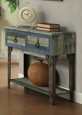 Vintage Rustic Small Console Sofa Table Distressed 2 Drawer Wood Blue Inside Antique Gold Aluminum Console Tables (View 10 of 20)