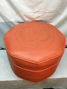 Vtg Mid Century 1960 70's? Orange Naugahyde Ottoman Foot Stool Straw Throughout Beige And White Tall Cylinder Pouf Ottomans (View 4 of 20)